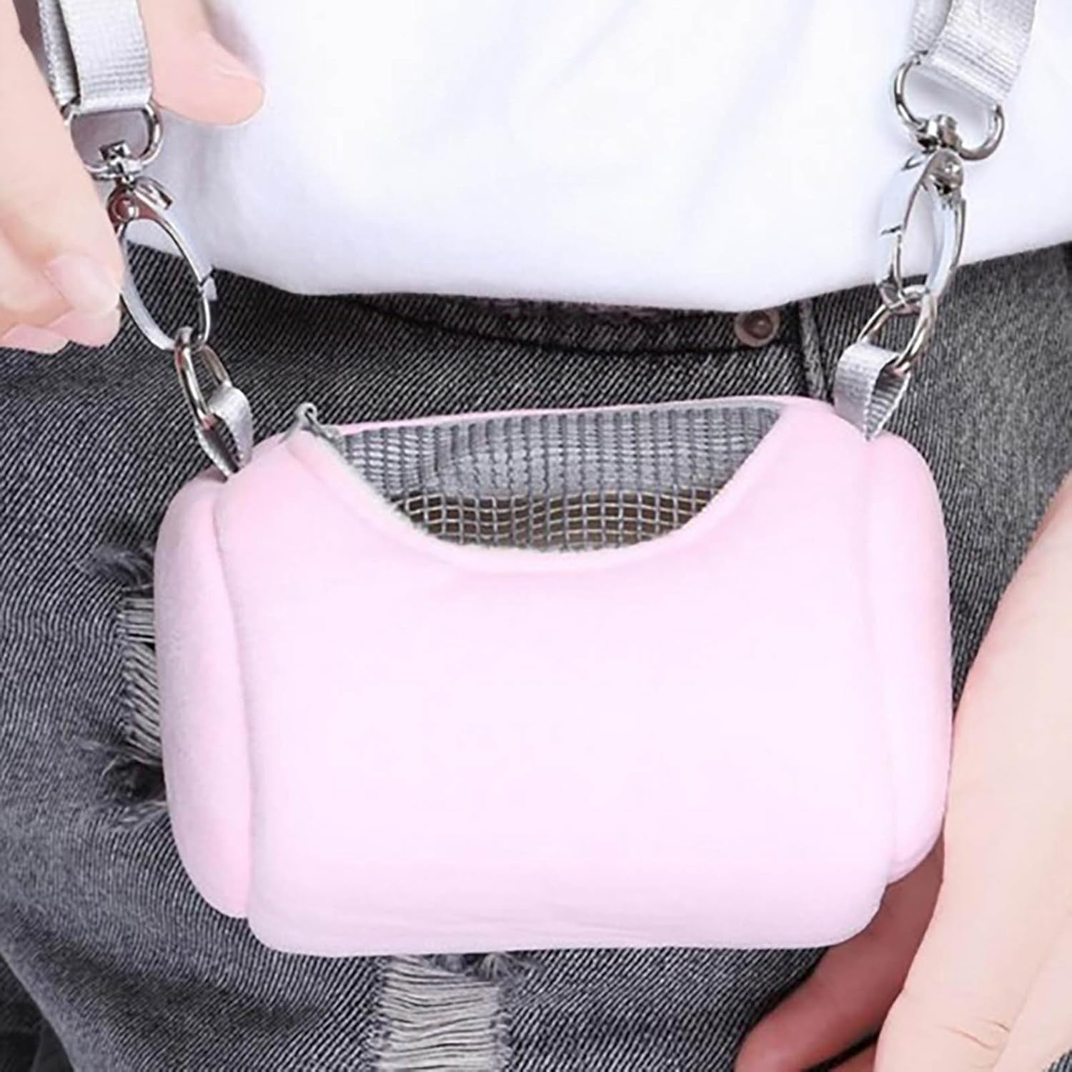 Portable Hamster Carrier Bag, Soft Plush Cylinder Small Pet Travel Backpack with Breathable Mesh Zipper, Adjustable Straps for Hamsters and Small Animals (Pink)