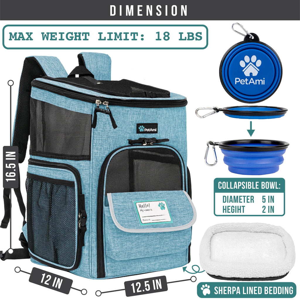 PetAmi Dog Backpack Carrier, Airline Approved Cat Backpacks For Carrying Small Large Cats, Pet Carrier Back Pack, Ventilated Soft Sided for Travel, Hiking, Camping, Max 18 lbs, Turquoise