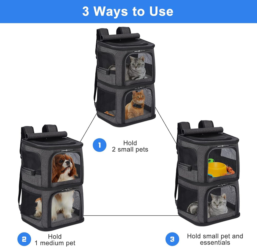 bathprove  2-in-1 Double Pet Carrier Backpack for Small Cats and Dogs, Portable Pet Travel Carrier, Super Ventilated Design, Ideal for Traveling/Hiking/Camping, Black