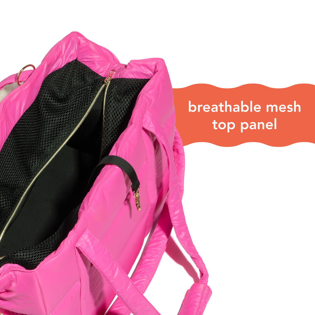 Oodles Solid Pink Quilted Zippered Soft Sided Pet Carrier Bag with Pom Charm, 13 lb Limit