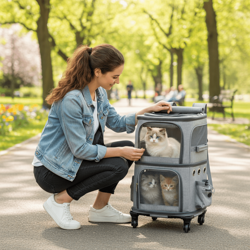 MINGYI Double-Compartment Pet Carrier with Wheels,Dog Backpack Carrier for 2 Small Dogs and Cats,Cat Rolling Carrier for Traveling/Taking a Walk/Trips to The Vet(Grey)
