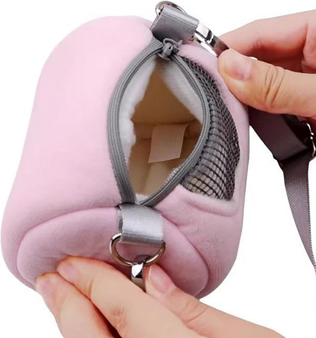 Portable Hamster Carrier Bag, Soft Plush Cylinder Small Pet Travel Backpack with Breathable Mesh Zipper, Adjustable Straps for Hamsters and Small Animals (Pink)