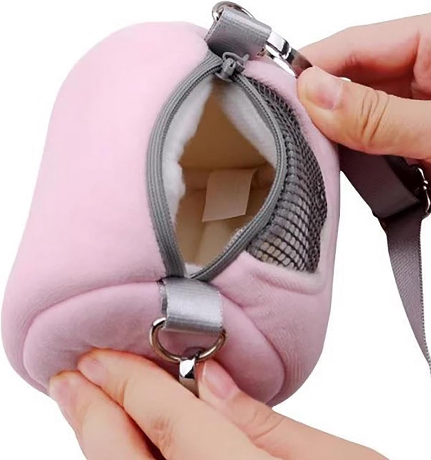 Portable Hamster Carrier Bag, Soft Plush Cylinder Small Pet Travel Backpack with Breathable Mesh Zipper, Adjustable Straps for Hamsters and Small Animals (Pink)