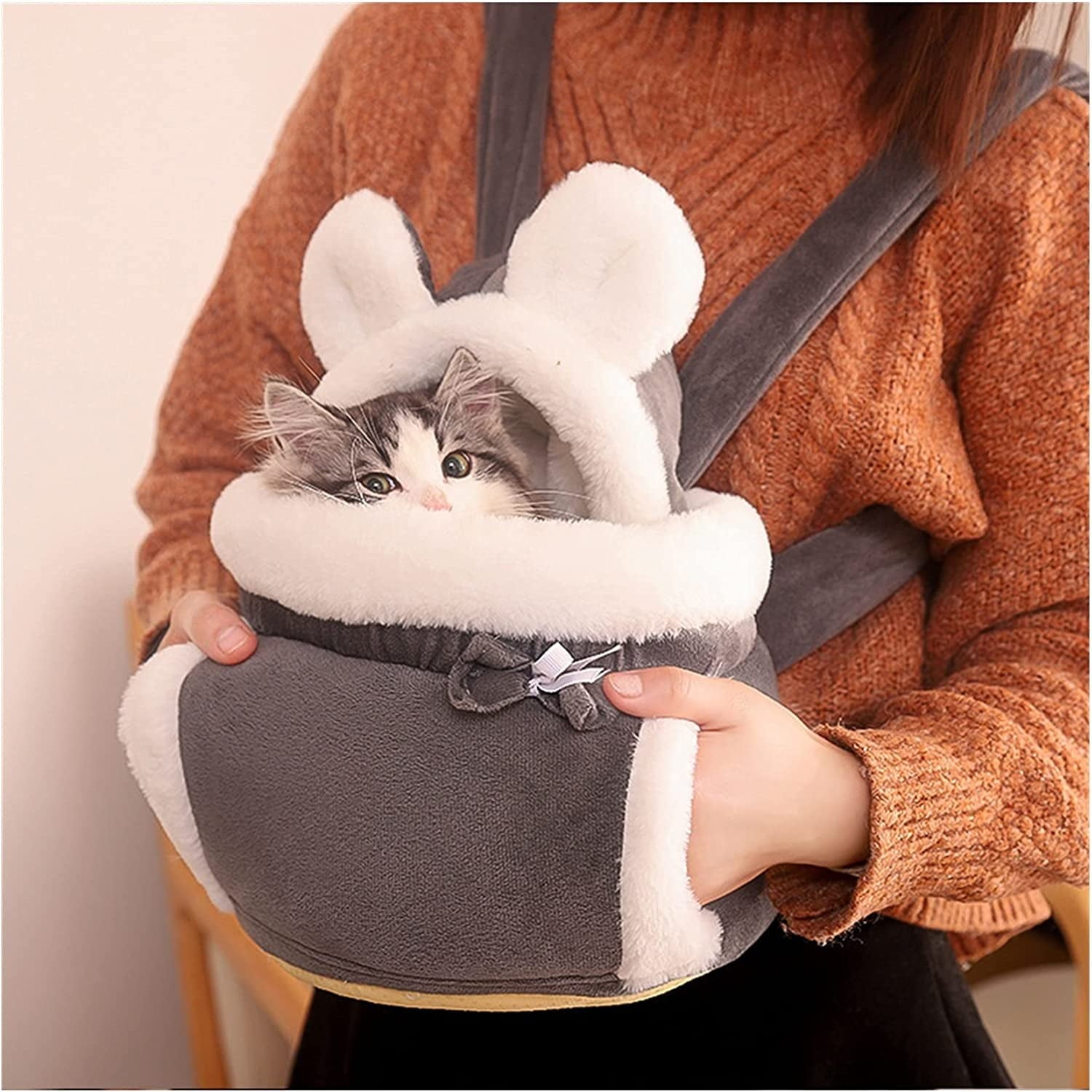 Warm Pet Carrier Bag Small Cat Dogs Backpack Winter Plush Pets Cage for Outdoor Travel Pet Hanging Chest Bags 6kg Load-Bearing (Color : Grey, Size : Medium)