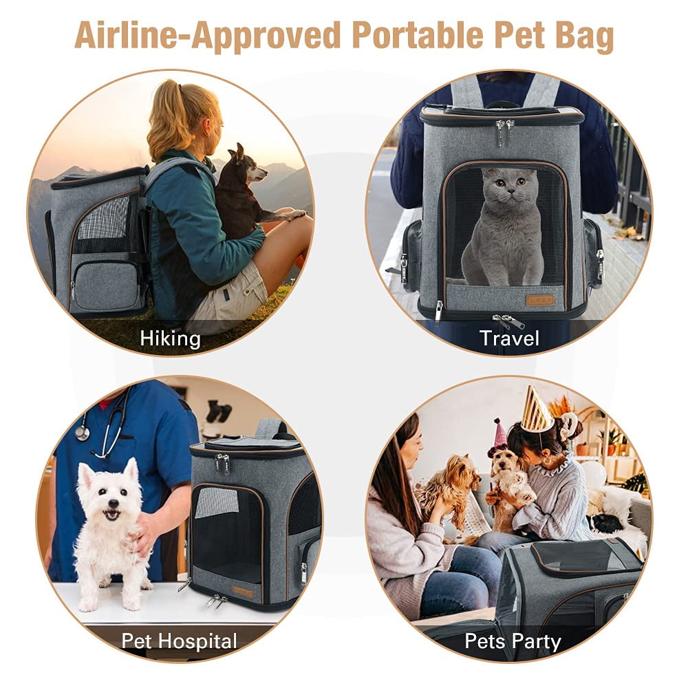 Lekesky - Expandable Pet Carrier Backpack for Medium Dogs & Large Cats (Up to 25 Lbs) - Collapsible Design, Extra Room, Breathable 360° Mesh, Travel Comfort, Safety Leash - Grey