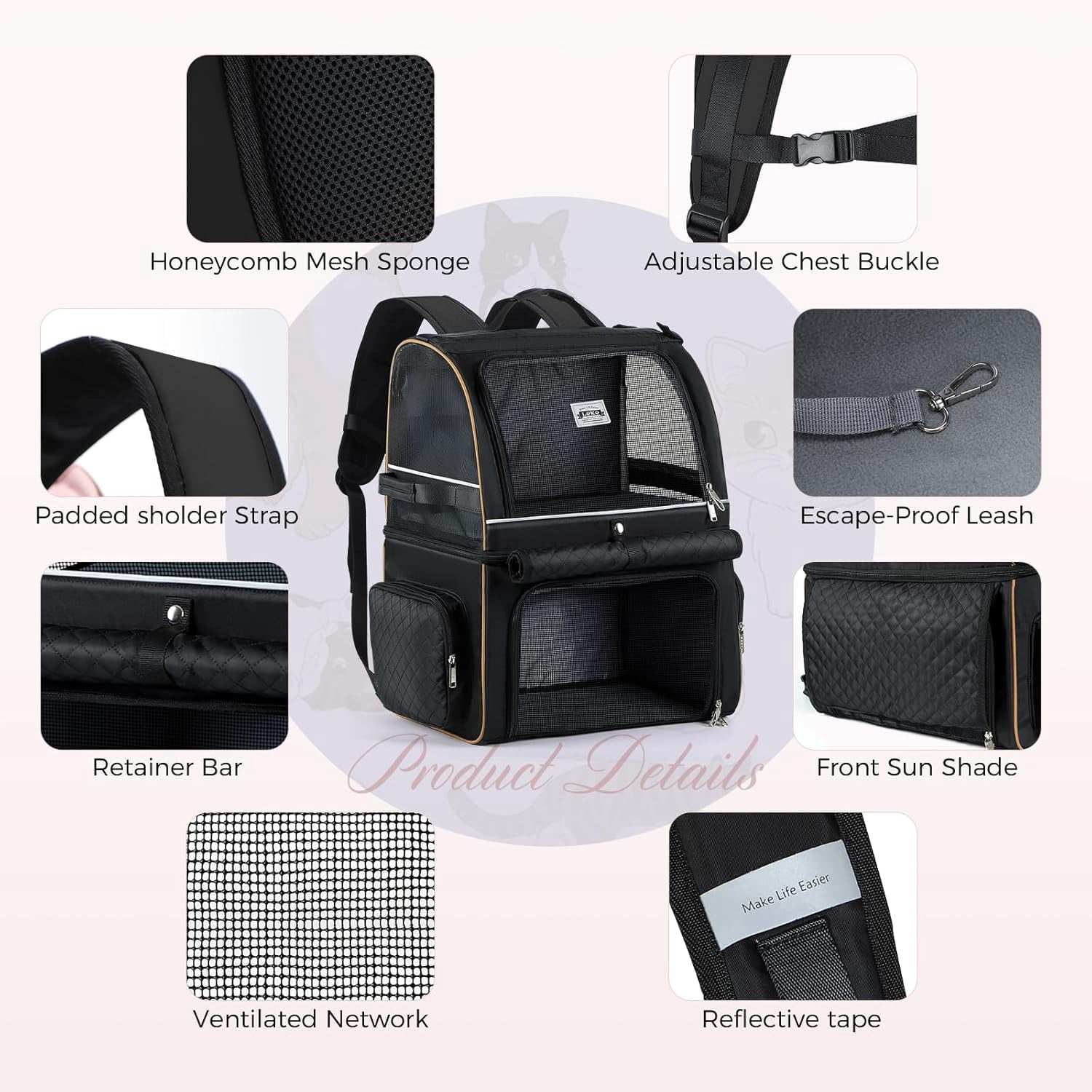 Double Cat Backpack Carrier for 2 Cats, Double-Compartment Pet Carrier Backpack for Two Small Cat or One Medium Cat, Cats Carrier Backpack Dog Carrier Backpack Fits Up to 24 Lbs,Black