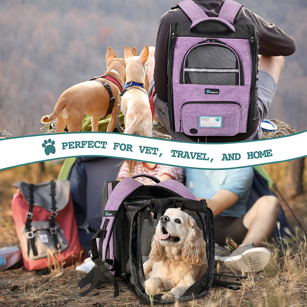 PetAmi Expandable Dog Backpack Carrier for Cats & Pets, Breathable Cat Carrier Backpack with Top Window & Multi-Entry, Ventilated Foldable Travel Carrier for Small Medium Pets up to 18 lbs, Purple