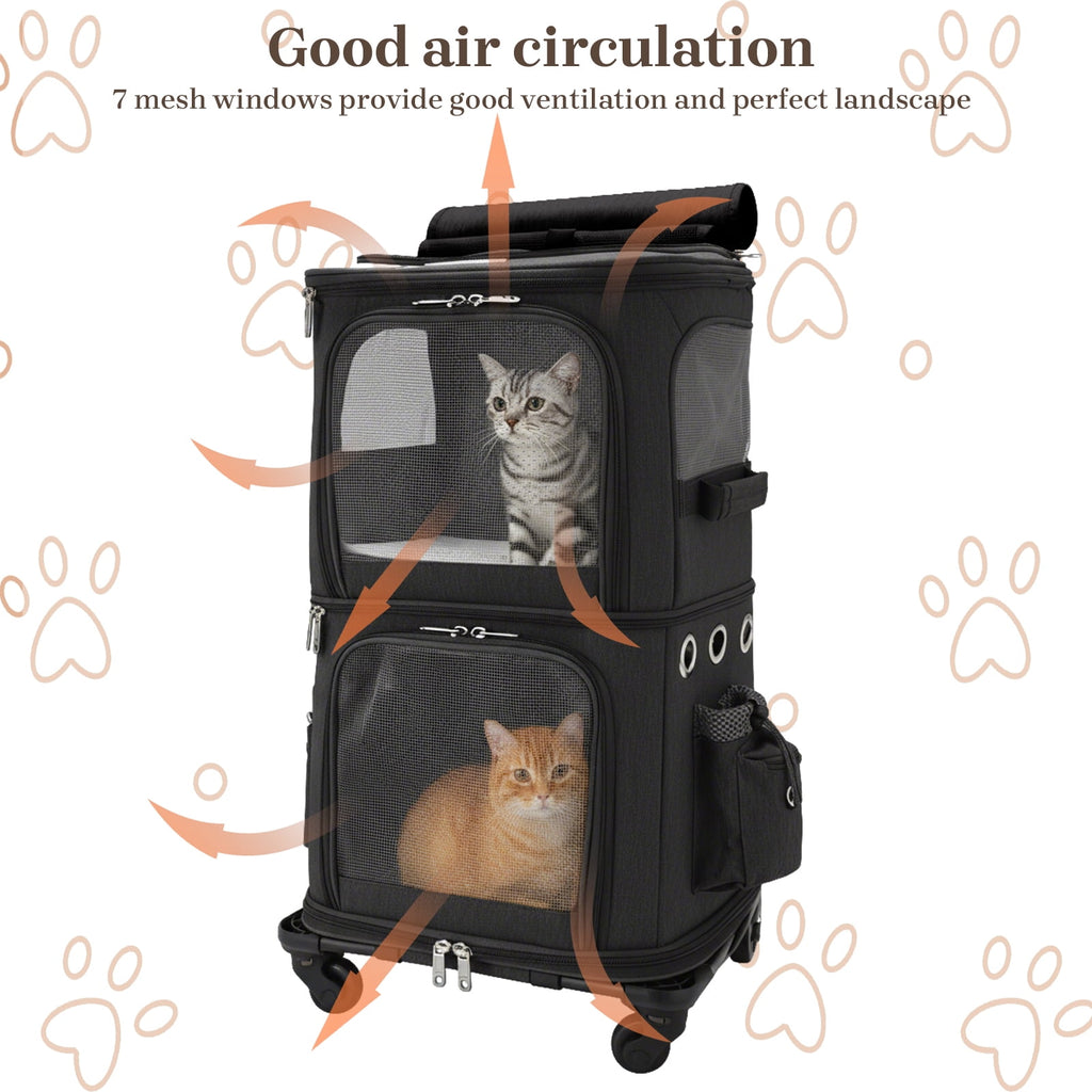 ManyFun Extra Large Double-Compartment Pet Carrier Backpack with Wheels for Small Dogs and Cats, Cat Rolling Carrier for 2 Cats, Perfect for Traveling/Taking a Walk/Trips to The Vet, Black