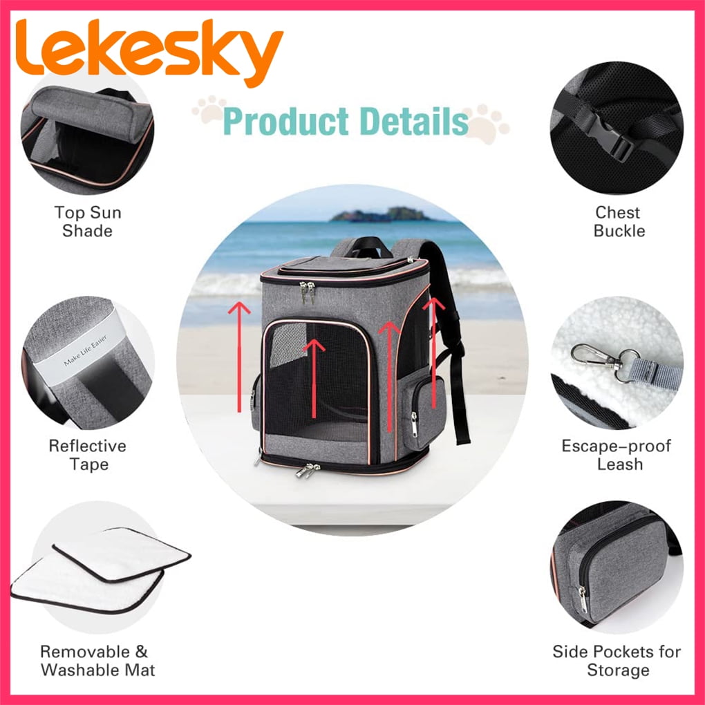 Lekesky - Expandable Cat & Dog Backpack Carrier - Airline Approved, Folds Flat, Holds Pets Up to 15 lbs (Grey)