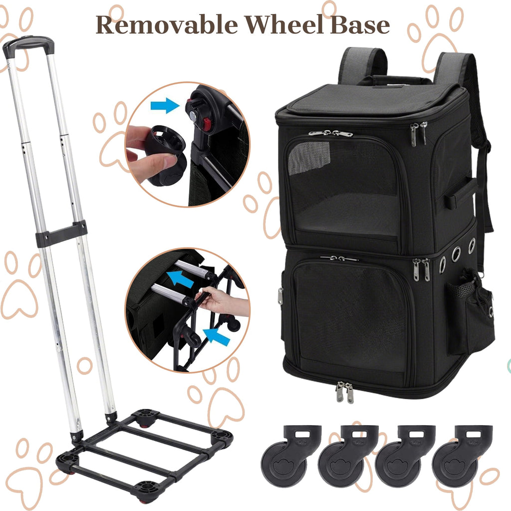 ManyFun Extra Large Double-Compartment Pet Carrier Backpack with Wheels for Small Dogs and Cats, Cat Rolling Carrier for 2 Cats, Perfect for Traveling/Taking a Walk/Trips to The Vet, Black