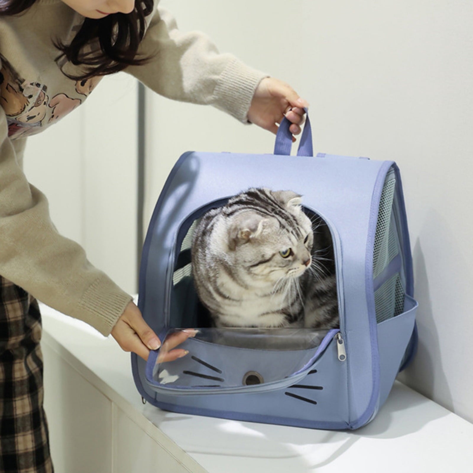 Pet Backpack Carrier - Traveler Breathable Transparent Carrier for Cats or Dogs, Large Space and Foldable Pet Carrier for Travel, Hiking - Blue