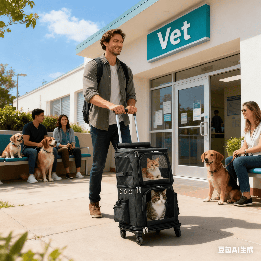 ManyFun Extra Large Double-Compartment Pet Carrier Backpack with Wheels for Small Dogs and Cats, Cat Rolling Carrier for 2 Cats, Perfect for Traveling/Taking a Walk/Trips to The Vet, Black