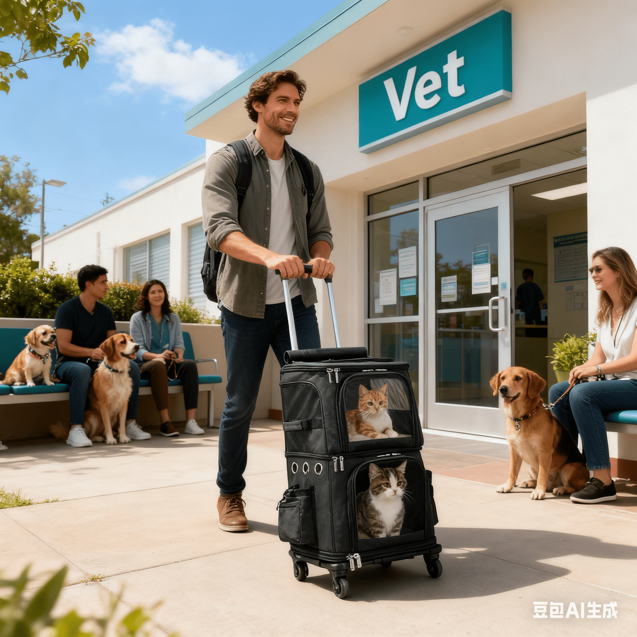 ManyFun Extra Large Double-Compartment Pet Carrier Backpack with Wheels for Small Dogs and Cats, Cat Rolling Carrier for 2 Cats, Perfect for Traveling/Taking a Walk/Trips to The Vet, Black