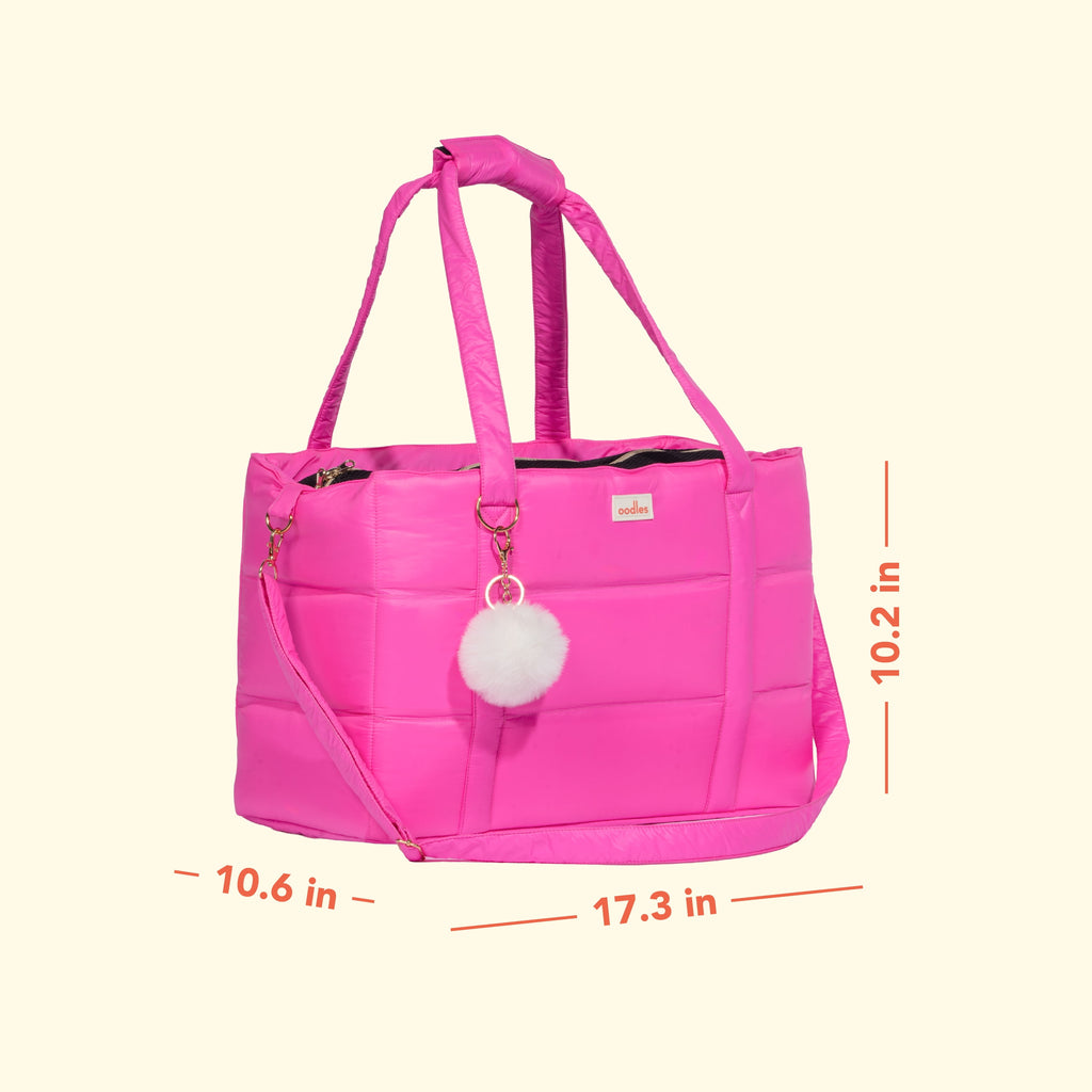 Oodles Solid Pink Quilted Zippered Soft Sided Pet Carrier Bag with Pom Charm, 13 lb Limit
