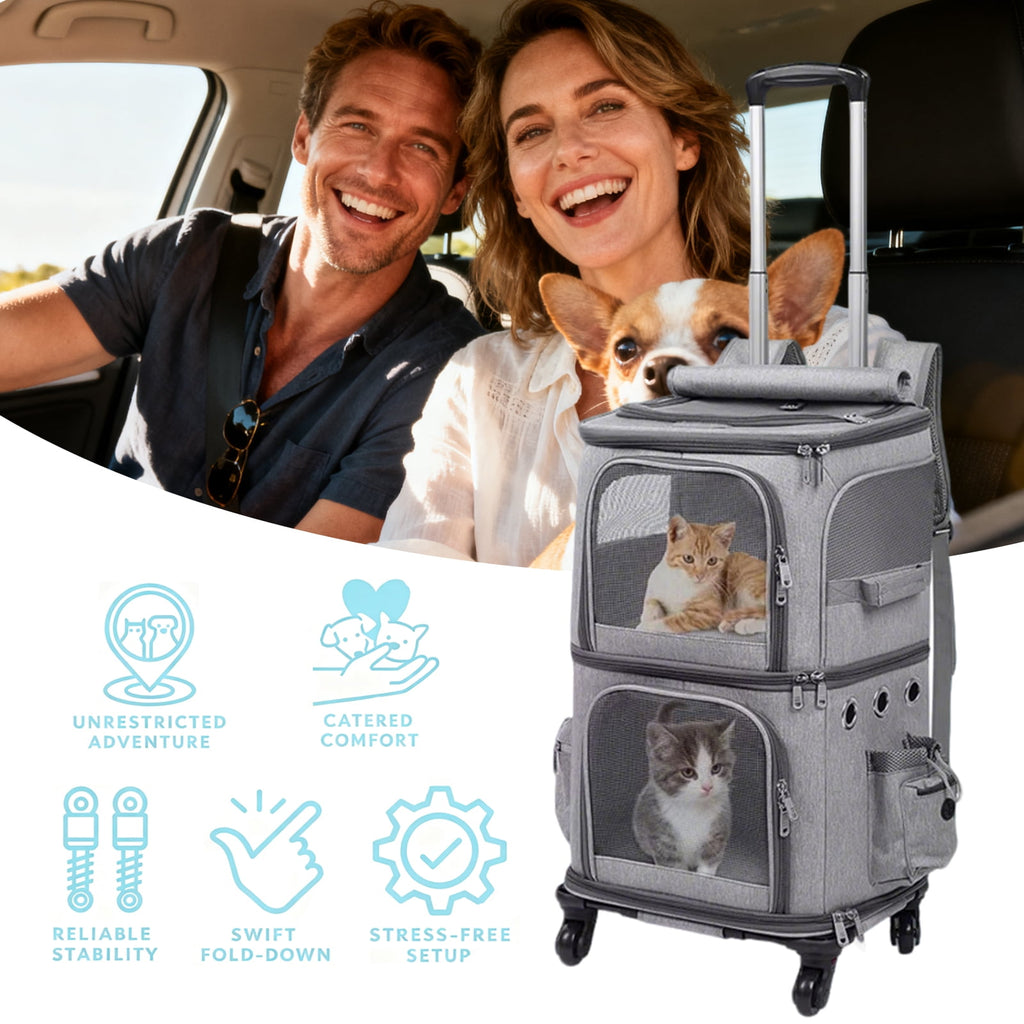 MINGYI Double-Compartment Pet Carrier with Wheels,Dog Backpack Carrier for 2 Small Dogs and Cats,Cat Rolling Carrier for Traveling/Taking a Walk/Trips to The Vet(Grey)