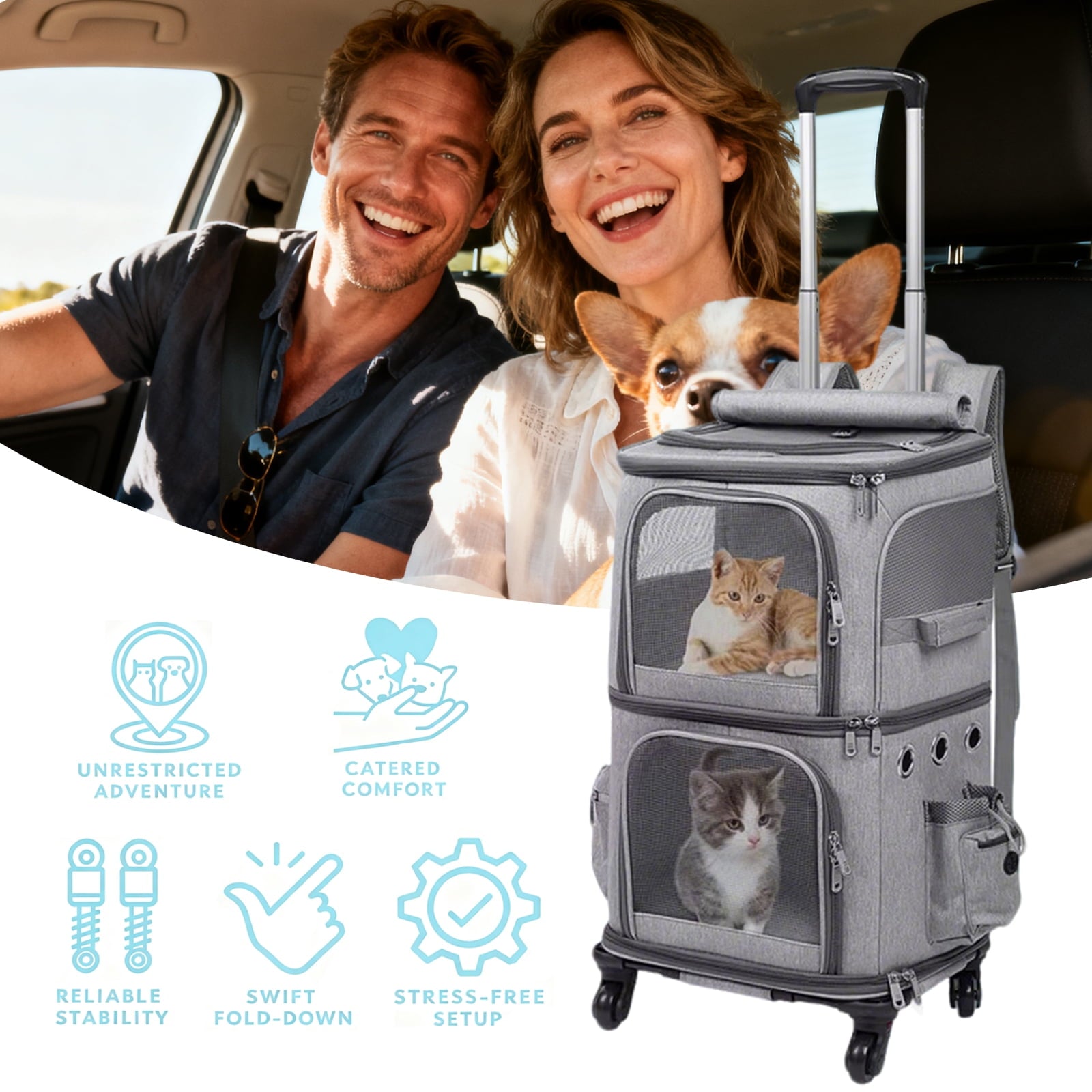 MINGYI Double-Compartment Pet Carrier with Wheels,Dog Backpack Carrier for 2 Small Dogs and Cats,Cat Rolling Carrier for Traveling/Taking a Walk/Trips to The Vet(Grey)