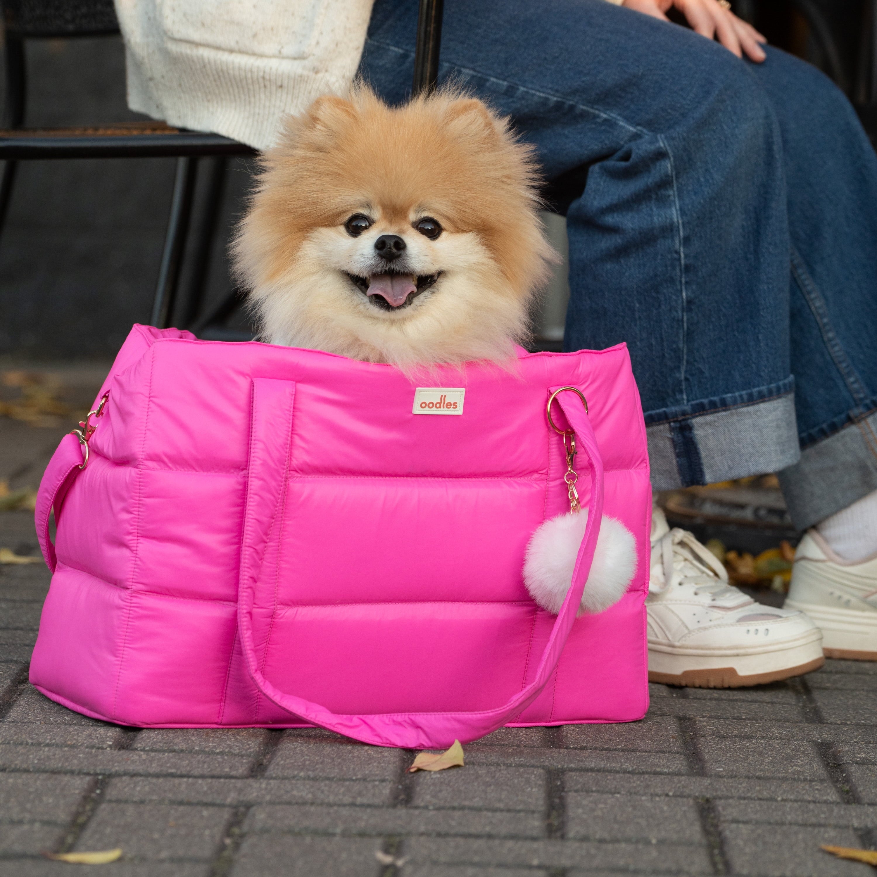 Oodles Solid Pink Quilted Zippered Soft Sided Pet Carrier Bag with Pom Charm, 13 lb Limit