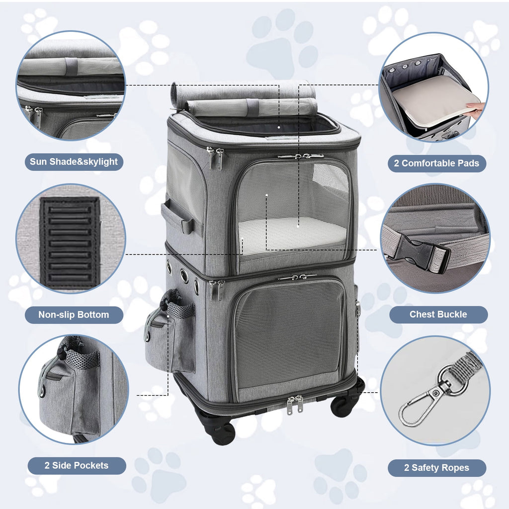MINGYI Double-Compartment Pet Carrier with Wheels,Dog Backpack Carrier for 2 Small Dogs and Cats,Cat Rolling Carrier for Traveling/Taking a Walk/Trips to The Vet(Grey)