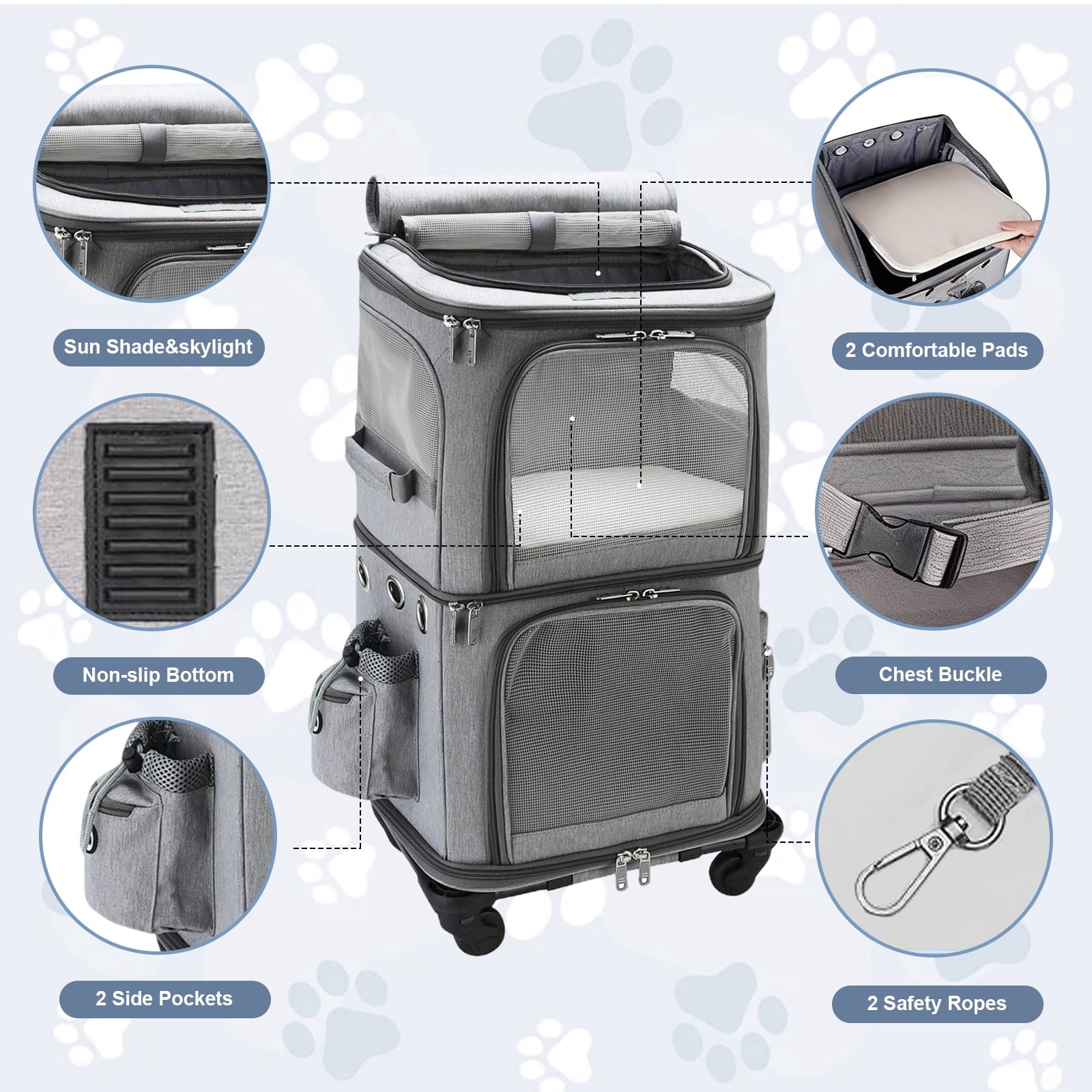 MINGYI Double-Compartment Pet Carrier with Wheels,Dog Backpack Carrier for 2 Small Dogs and Cats,Cat Rolling Carrier for Traveling/Taking a Walk/Trips to The Vet(Grey)