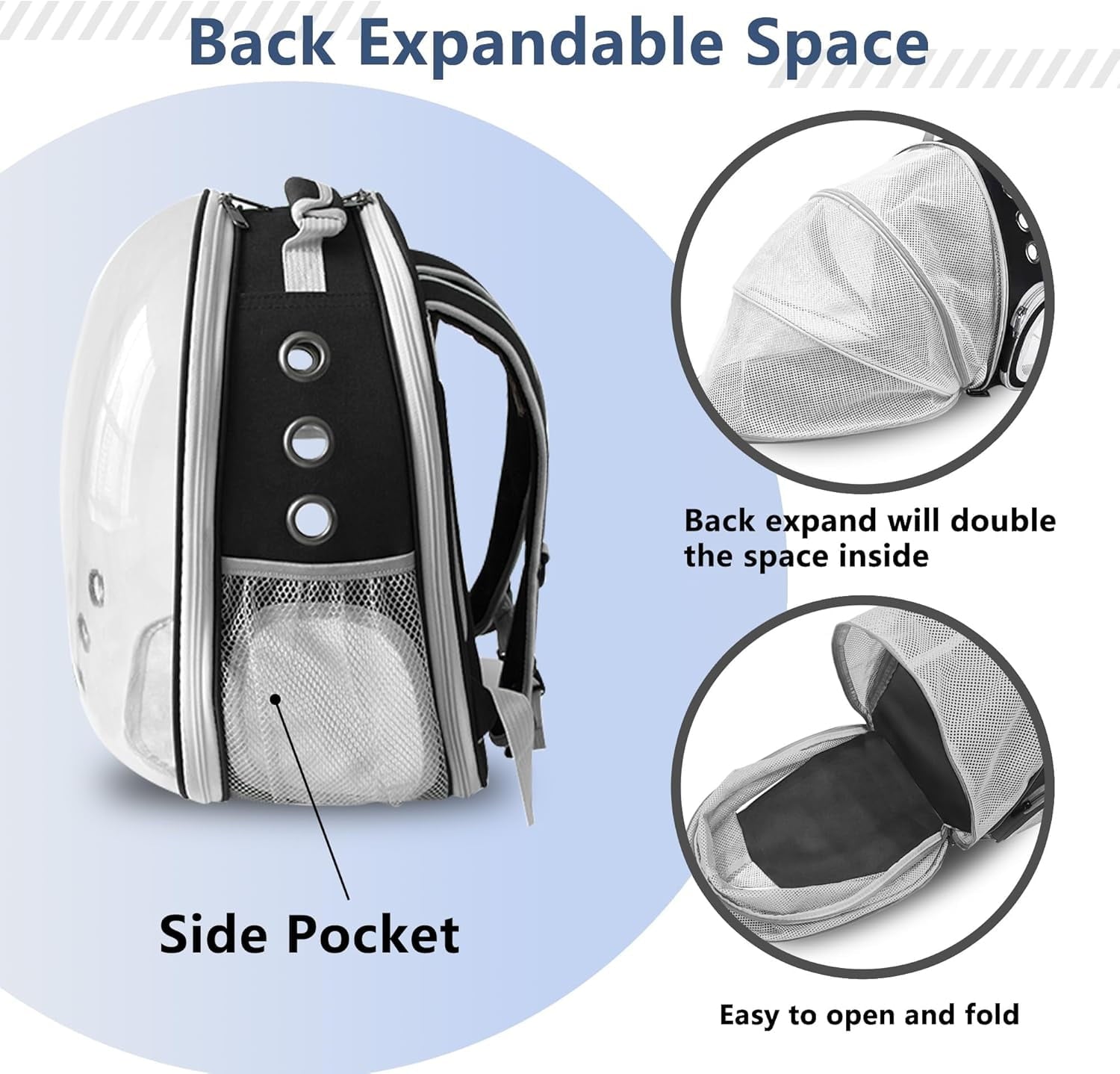 Asunby Outdoor Space Capsule Transparent Bubble Expandable Back Extension Pet Carrier Backpack, for Kittens and Small Dogs up to 13 Pounds, Black