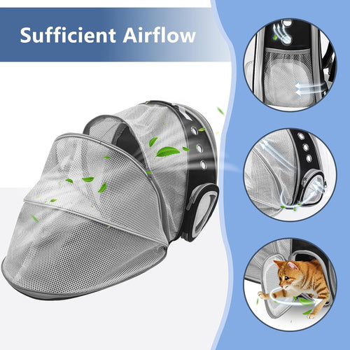 Asunby Outdoor Space Capsule Transparent Bubble Expandable Back Extension Pet Carrier Backpack, for Kittens and Small Dogs up to 13 Pounds, Black