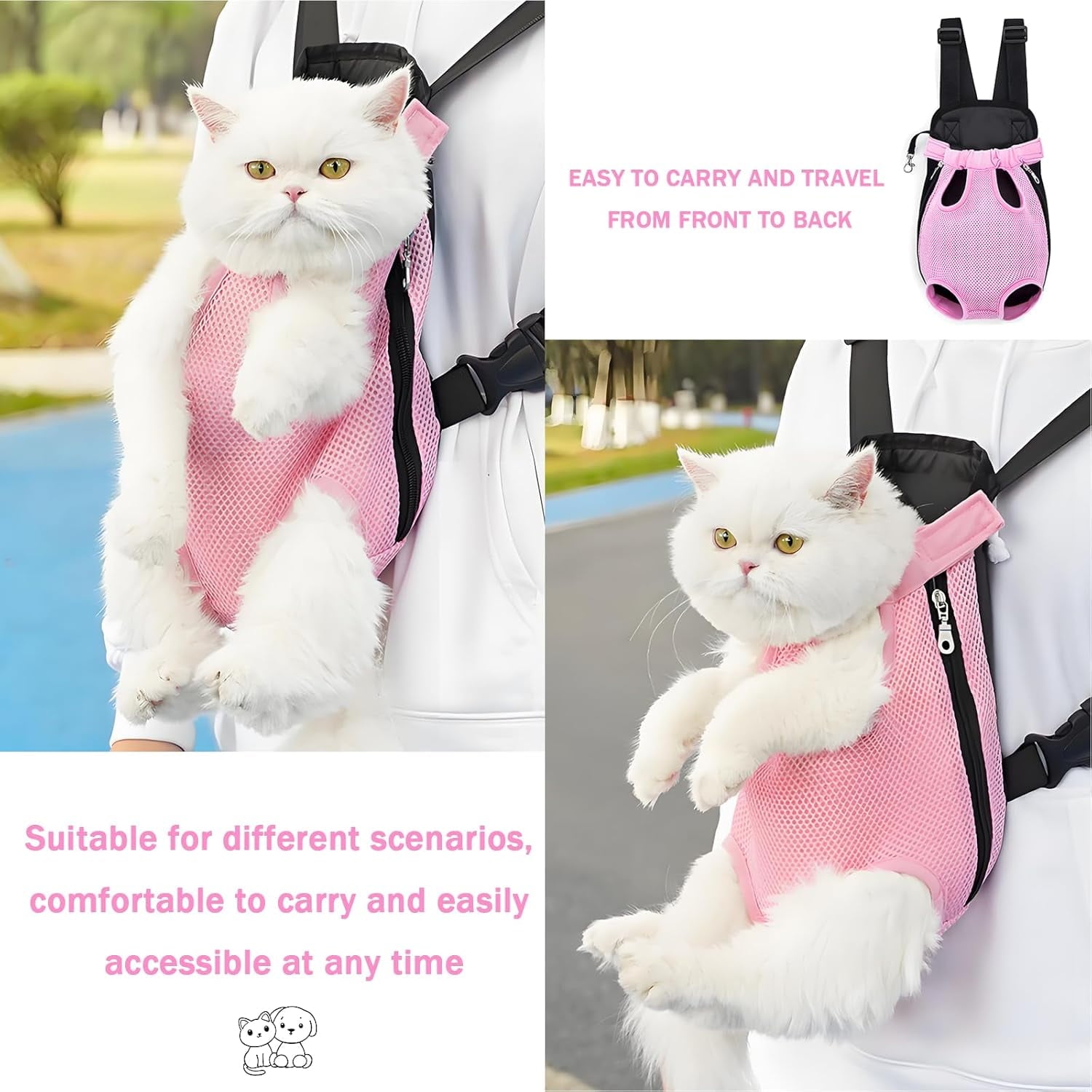 DENZUS Pet Carrier Backpack, Adjustable Pet Front Carriers for Small Medium Dogs Cats 5-18 lbs, Legs Out, Dog Cat Carrier Backpack for Hiking,Camping,Traveling,Cycling (Pink, Large（Fit:10-18lb）)