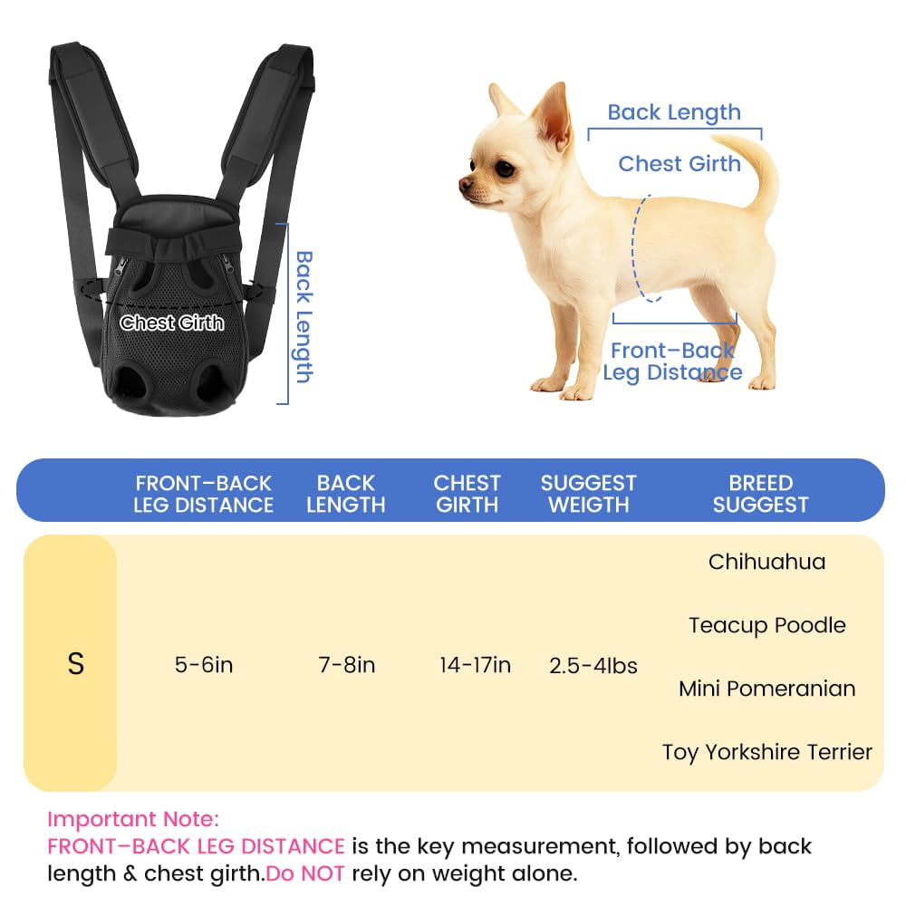 Tigebraver Dog Backpack Carrier, Adjustable Pet Front Carrier With Thick Padded Bottom Support, Legs-Out Chest Carrier For Small To Medium Dogs 7–11 lbs, For Walking, Hiking, Camping & Traveling