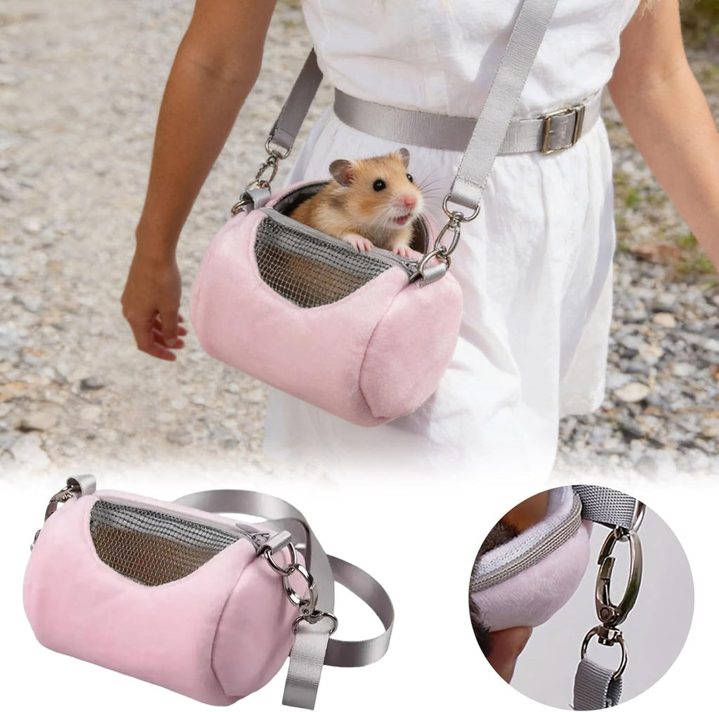 Portable Hamster Carrier Bag, Soft Plush Cylinder Small Pet Travel Backpack with Breathable Mesh Zipper, Adjustable Straps for Hamsters and Small Animals (Pink)