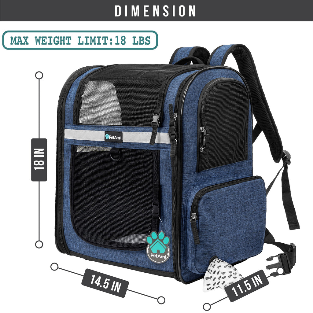 PetAmi Dog Backpack Carrier For Small Large Cat, Pet, Puppies, Ventilated Pet Hiking Backpack Travel Bag, Airline Approved Cat Backpack Carrier, Safety Back Support, Camping Biking, Max 18 lbs, Navy