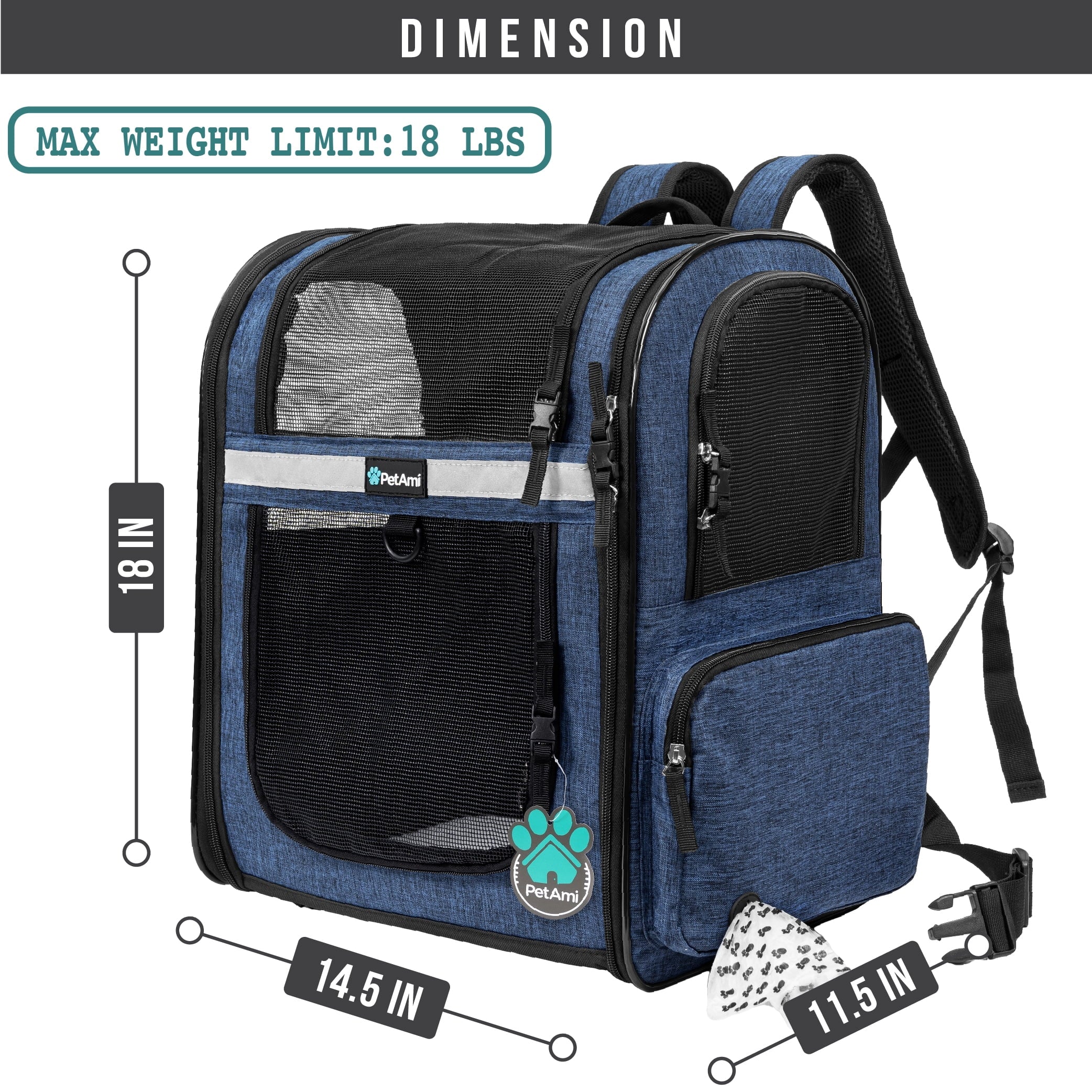PetAmi Dog Backpack Carrier For Small Large Cat, Pet, Puppies, Ventilated Pet Hiking Backpack Travel Bag, Airline Approved Cat Backpack Carrier, Safety Back Support, Camping Biking, Max 18 lbs, Navy