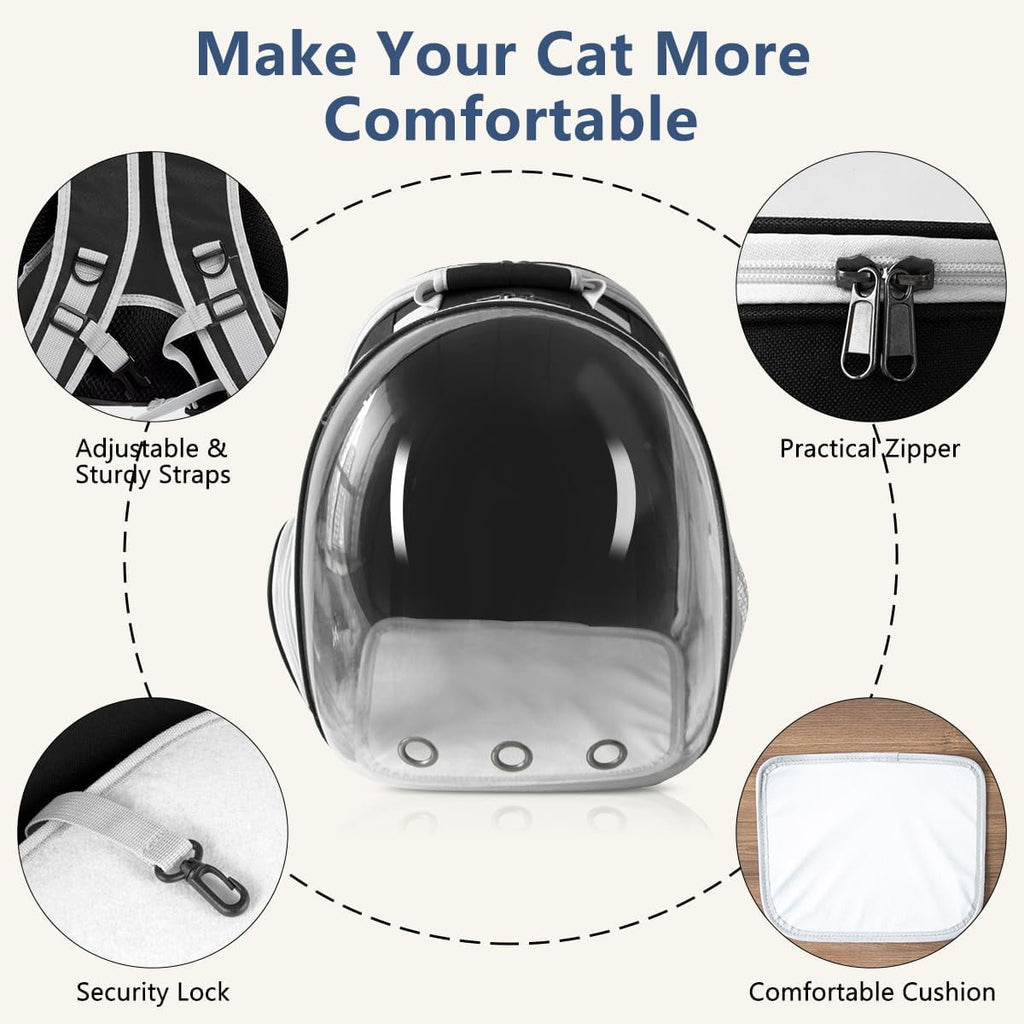 Asunby Outdoor Space Capsule Transparent Bubble Expandable Back Extension Pet Carrier Backpack, for Kittens and Small Dogs up to 13 Pounds, Black
