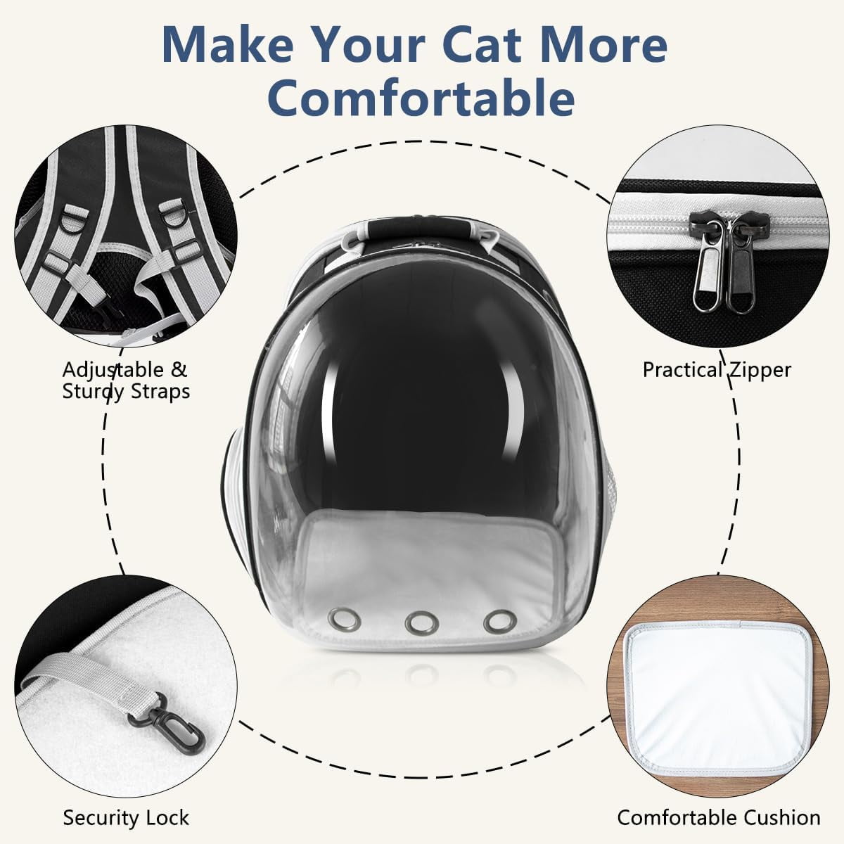 Asunby Outdoor Space Capsule Transparent Bubble Expandable Back Extension Pet Carrier Backpack, for Kittens and Small Dogs up to 13 Pounds, Black