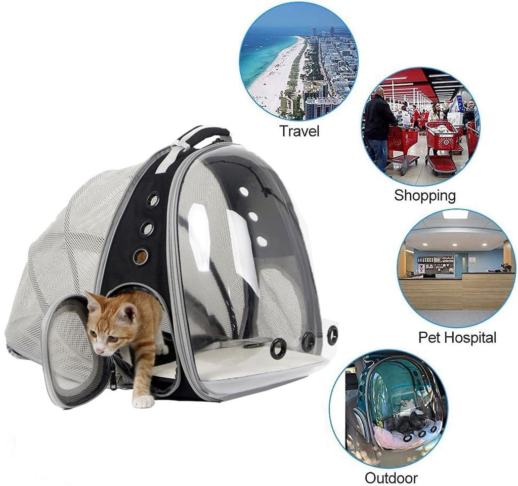 Asunby Outdoor Space Capsule Transparent Bubble Expandable Back Extension Pet Carrier Backpack, for Kittens and Small Dogs up to 13 Pounds, Black