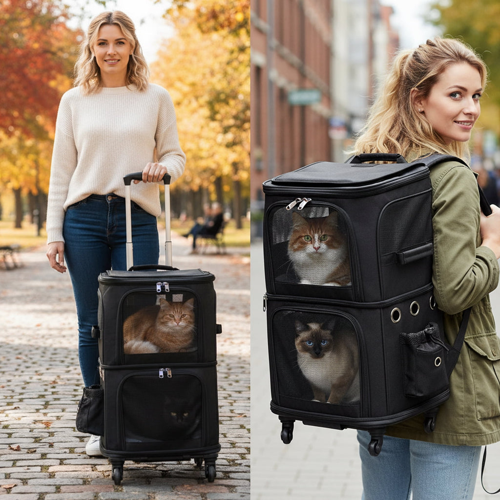 ManyFun Extra Large Double-Compartment Pet Carrier Backpack with Wheels for Small Dogs and Cats, Cat Rolling Carrier for 2 Cats, Perfect for Traveling/Taking a Walk/Trips to The Vet, Black