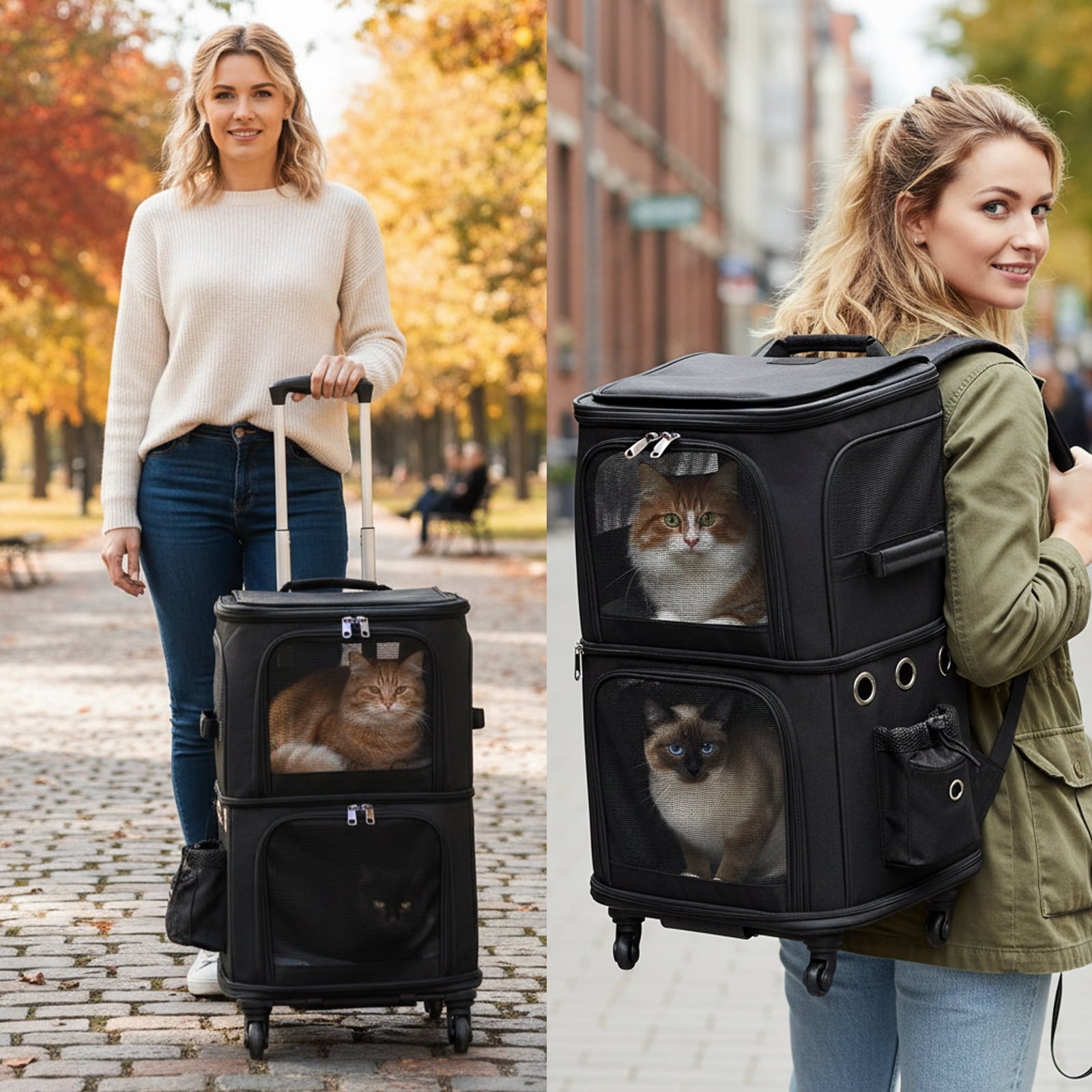 ManyFun Extra Large Double-Compartment Pet Carrier Backpack with Wheels for Small Dogs and Cats, Cat Rolling Carrier for 2 Cats, Perfect for Traveling/Taking a Walk/Trips to The Vet, Black