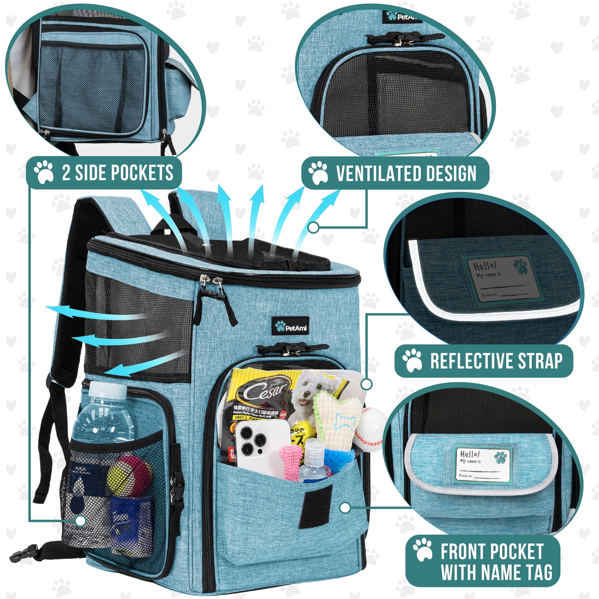 PetAmi Dog Backpack Carrier, Airline Approved Cat Backpacks For Carrying Small Large Cats, Pet Carrier Back Pack, Ventilated Soft Sided for Travel, Hiking, Camping, Max 18 lbs, Turquoise