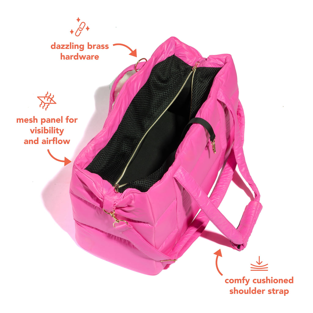 Oodles Solid Pink Quilted Zippered Soft Sided Pet Carrier Bag with Pom Charm, 13 lb Limit
