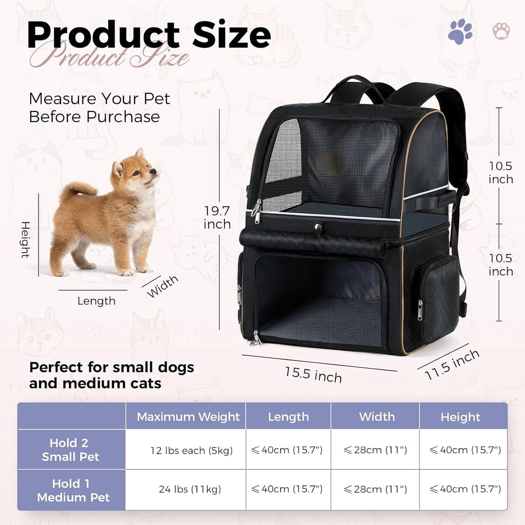 Double Cat Backpack Carrier for 2 Cats, Double-Compartment Pet Carrier Backpack for Two Small Cat or One Medium Cat, Cats Carrier Backpack Dog Carrier Backpack Fits Up to 24 Lbs,Black