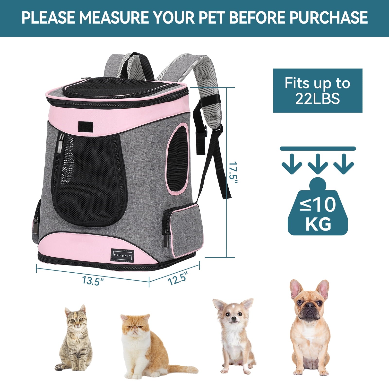 Petsfit Regular Pet Carrier Backpacks with Upgrade Waist Cushion Design, Suitable for Small and Medium Dogs Cats,Pink, 22 lb Limit