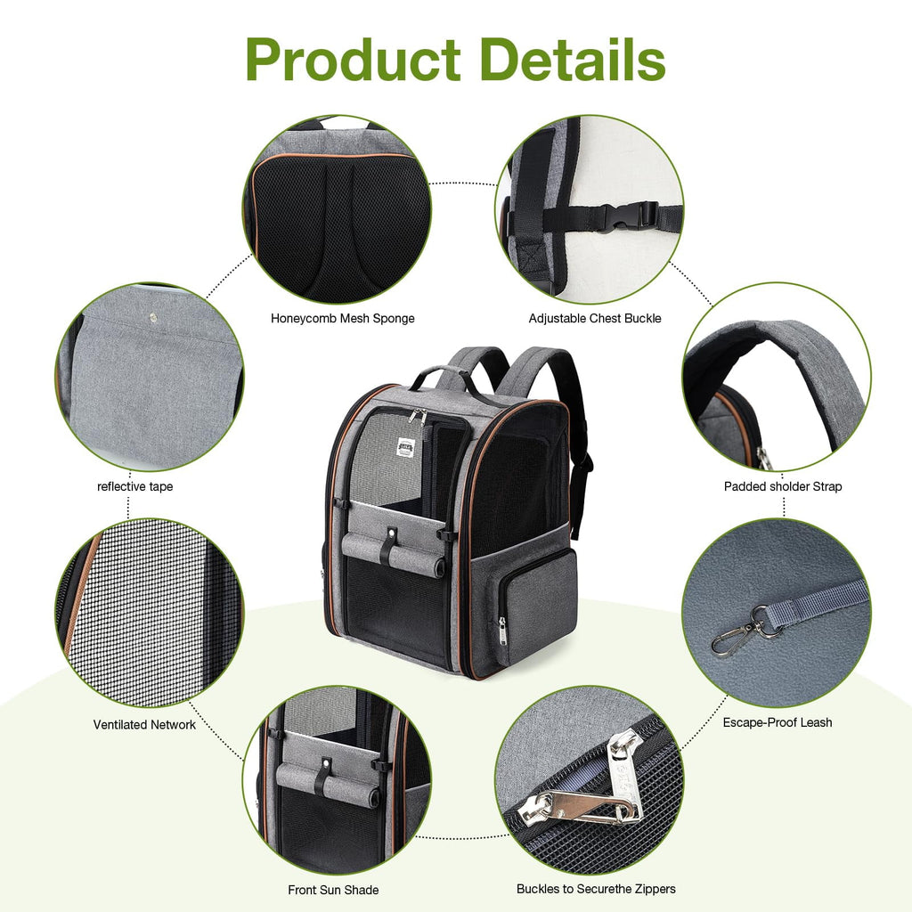 LEKE - Large Cat Backpack Carrier Expandable Pet Carrier Backpack for Small Dogs Medium Cats Fit Up to 18 Lbs, Dog Backpack Carrier, Foldable Puppy Backpack Carrier for Travel, Hiking,Grey