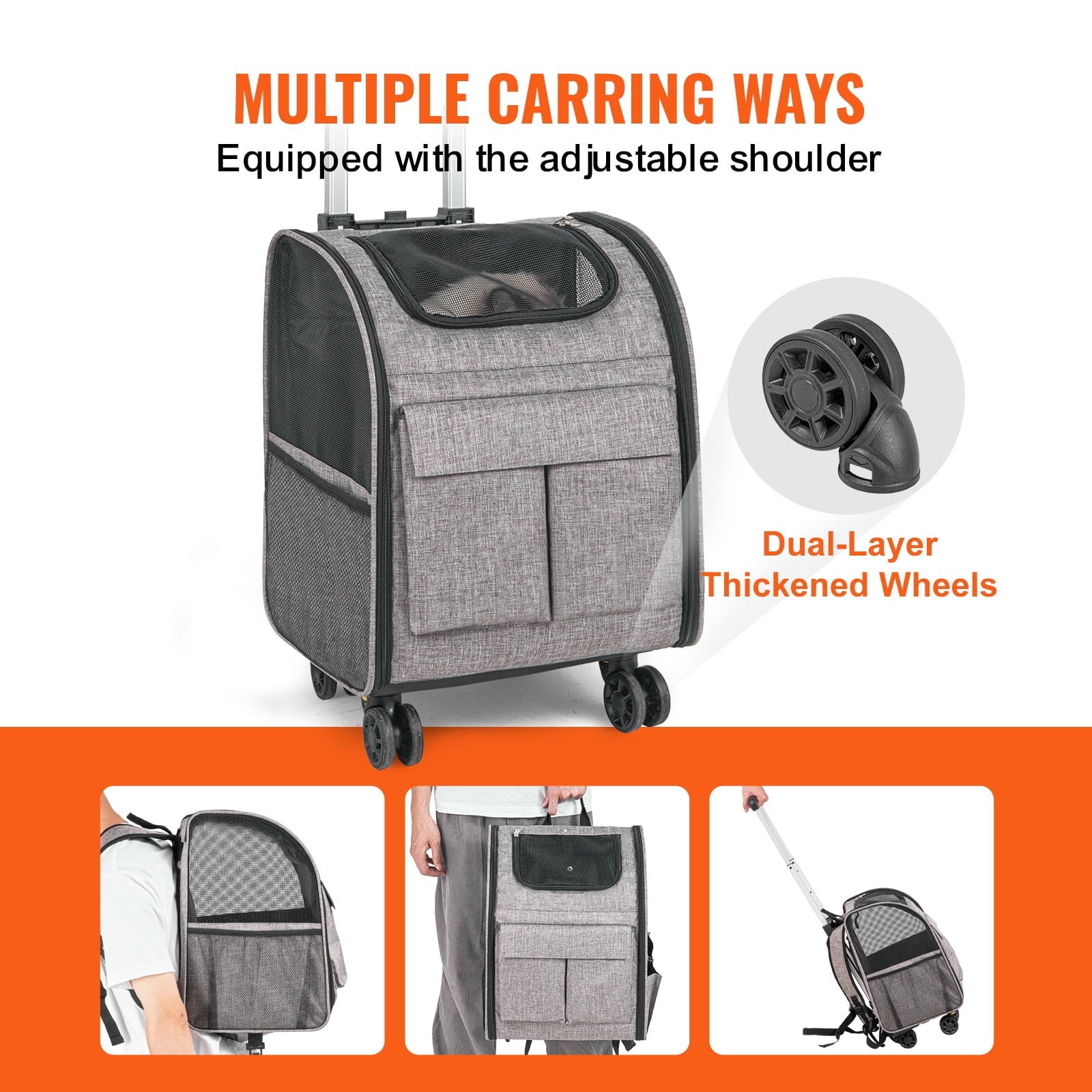 HLL Rolling Pet Carrier Backpack with Removable Wheels, Airline Approved for Pets up to 18 lbs, Large Soft-Sided Carrier for Small Dogs and Medium Cats