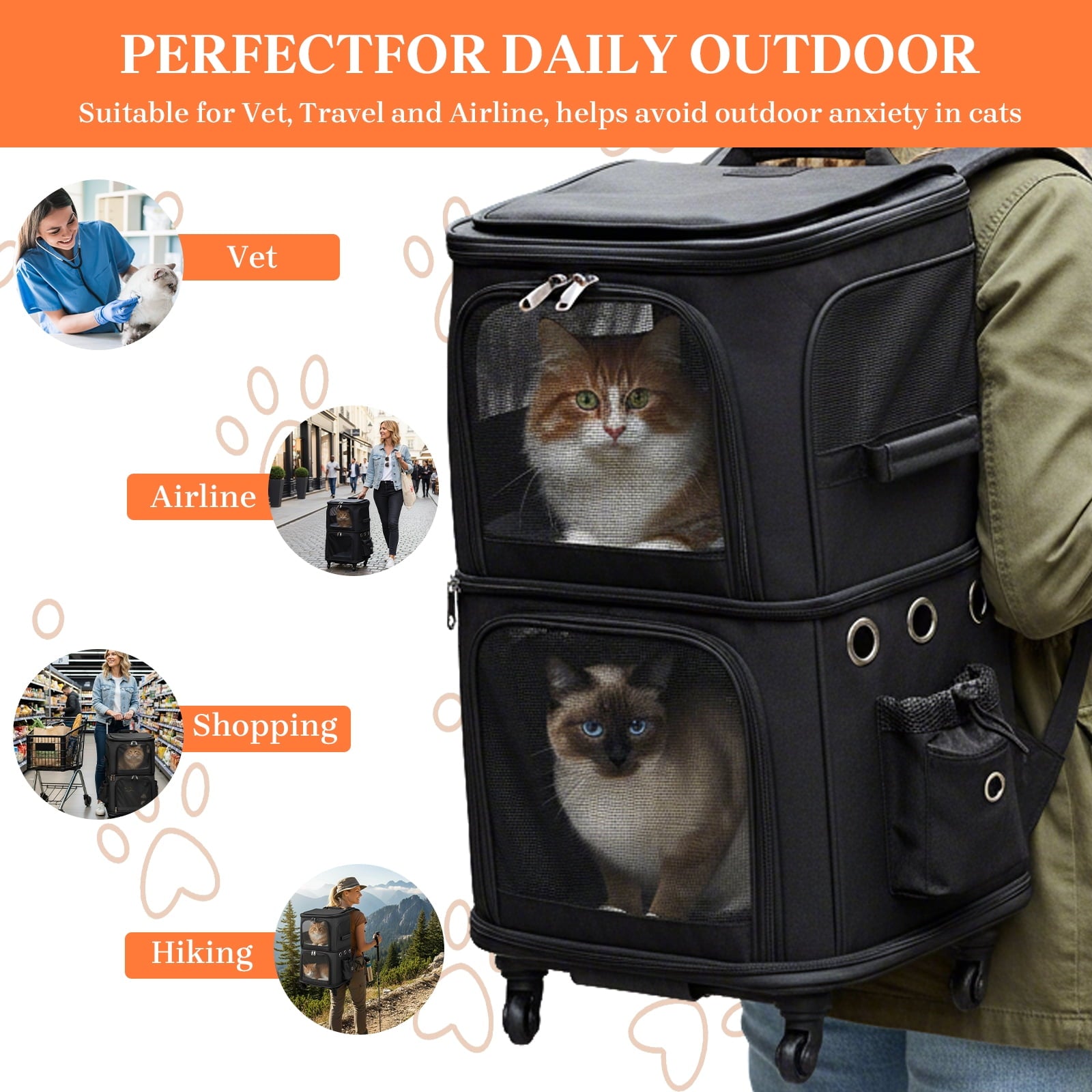 ManyFun Extra Large Double-Compartment Pet Carrier Backpack with Wheels for Small Dogs and Cats, Cat Rolling Carrier for 2 Cats, Perfect for Traveling/Taking a Walk/Trips to The Vet, Black