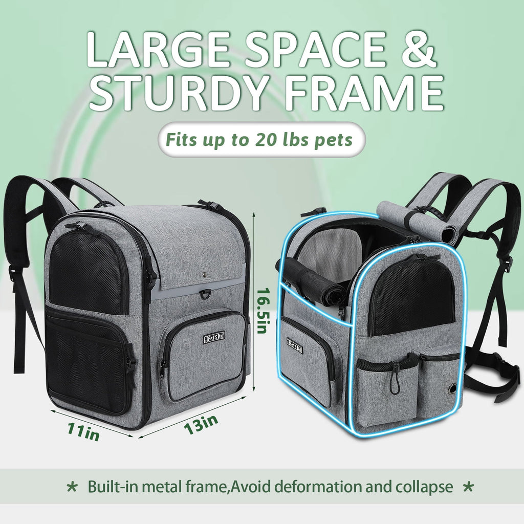 PETSKD Pet Carrier Backpack for Dogs Cats, 13x11x16.5 inches Outdoor Travel Backpack with with Safety Lock Zipperl, Large Space Foldable Backpack for Pets Under 20 lbs, Gray