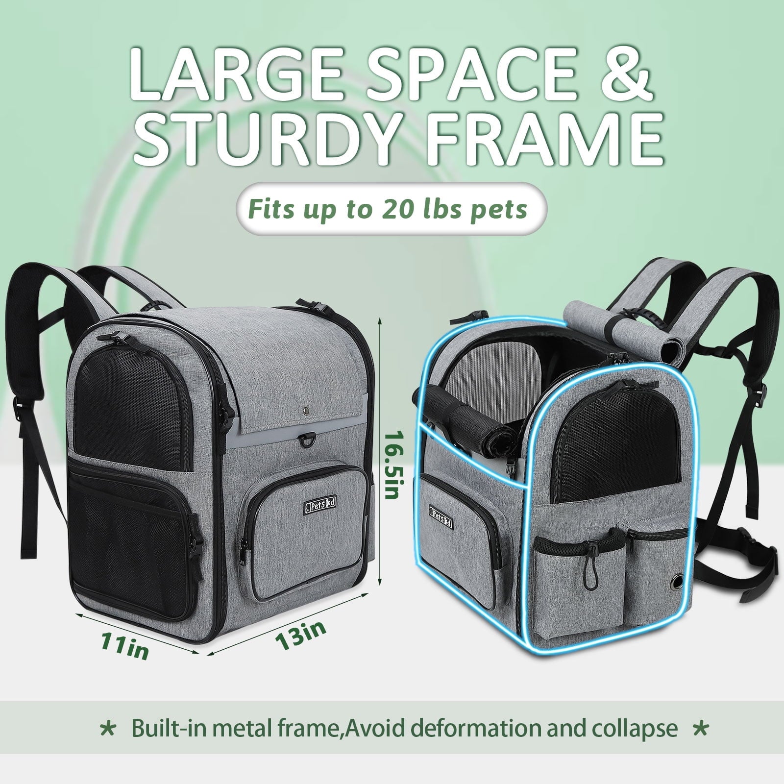 PETSKD Pet Carrier Backpack for Dogs Cats, 13x11x16.5 inches Outdoor Travel Backpack with with Safety Lock Zipperl, Large Space Foldable Backpack for Pets Under 20 lbs, Gray