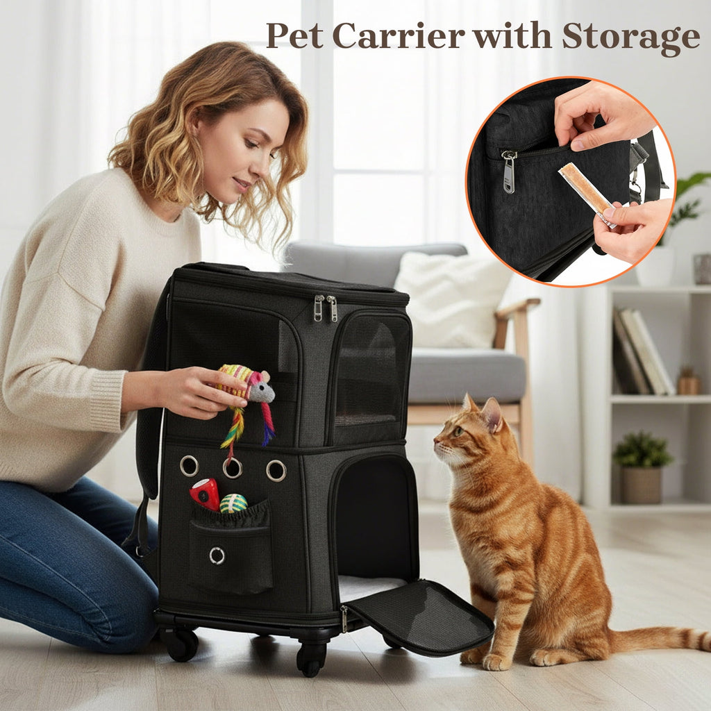 ManyFun Extra Large Double-Compartment Pet Carrier Backpack with Wheels for Small Dogs and Cats, Cat Rolling Carrier for 2 Cats, Perfect for Traveling/Taking a Walk/Trips to The Vet, Black