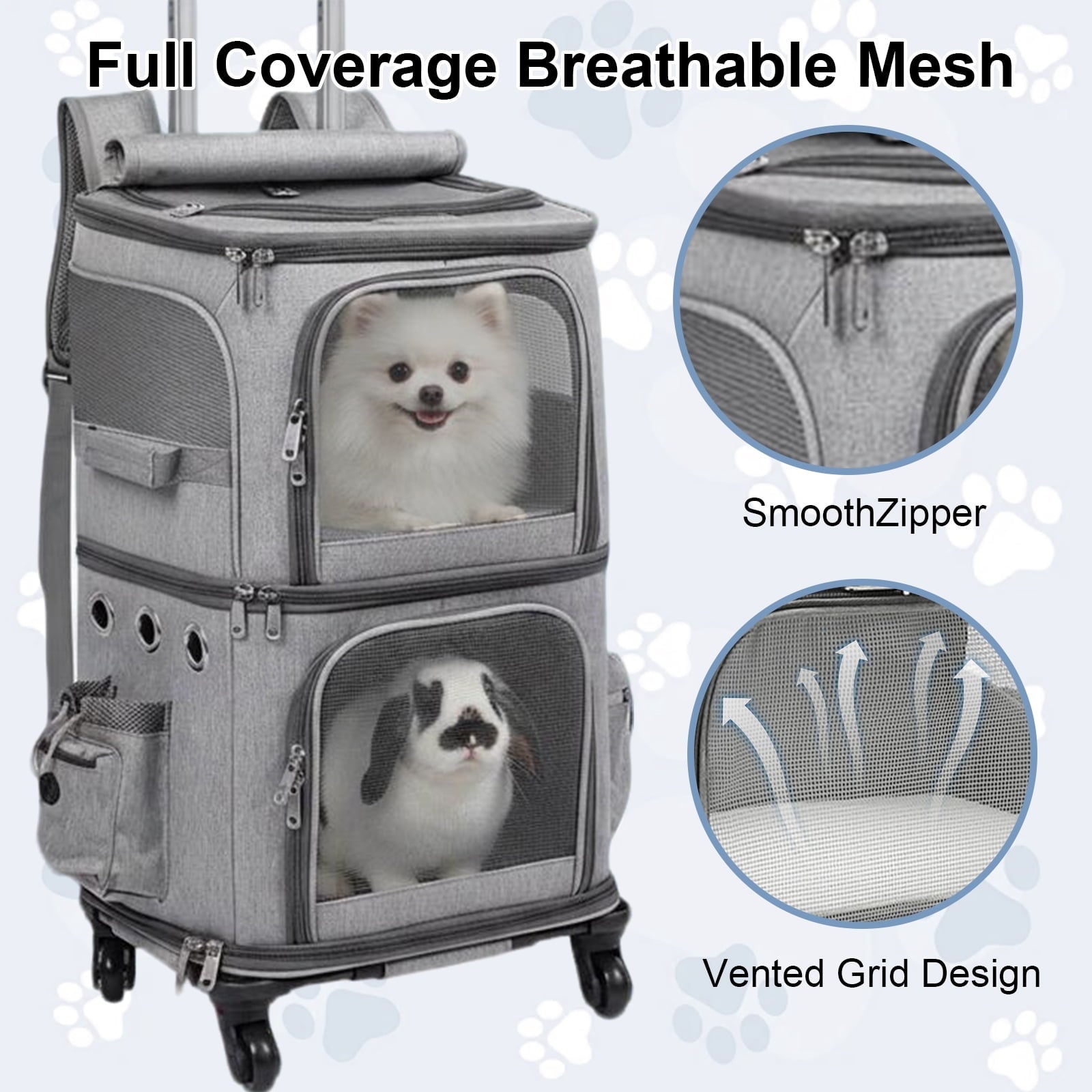 MINGYI Double-Compartment Pet Carrier with Wheels,Dog Backpack Carrier for 2 Small Dogs and Cats,Cat Rolling Carrier for Traveling/Taking a Walk/Trips to The Vet(Grey)