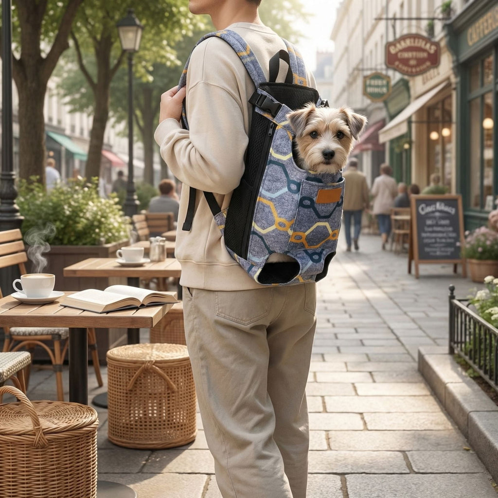 Pet Carrier Backpack for Small Dogs Cats, Hands-Free Legs Out Front Pack, Adjustable Padded Shoulder Straps for Walking Traveling, Breathable Outdoor Travel Bag, Patterned, Navy, S
