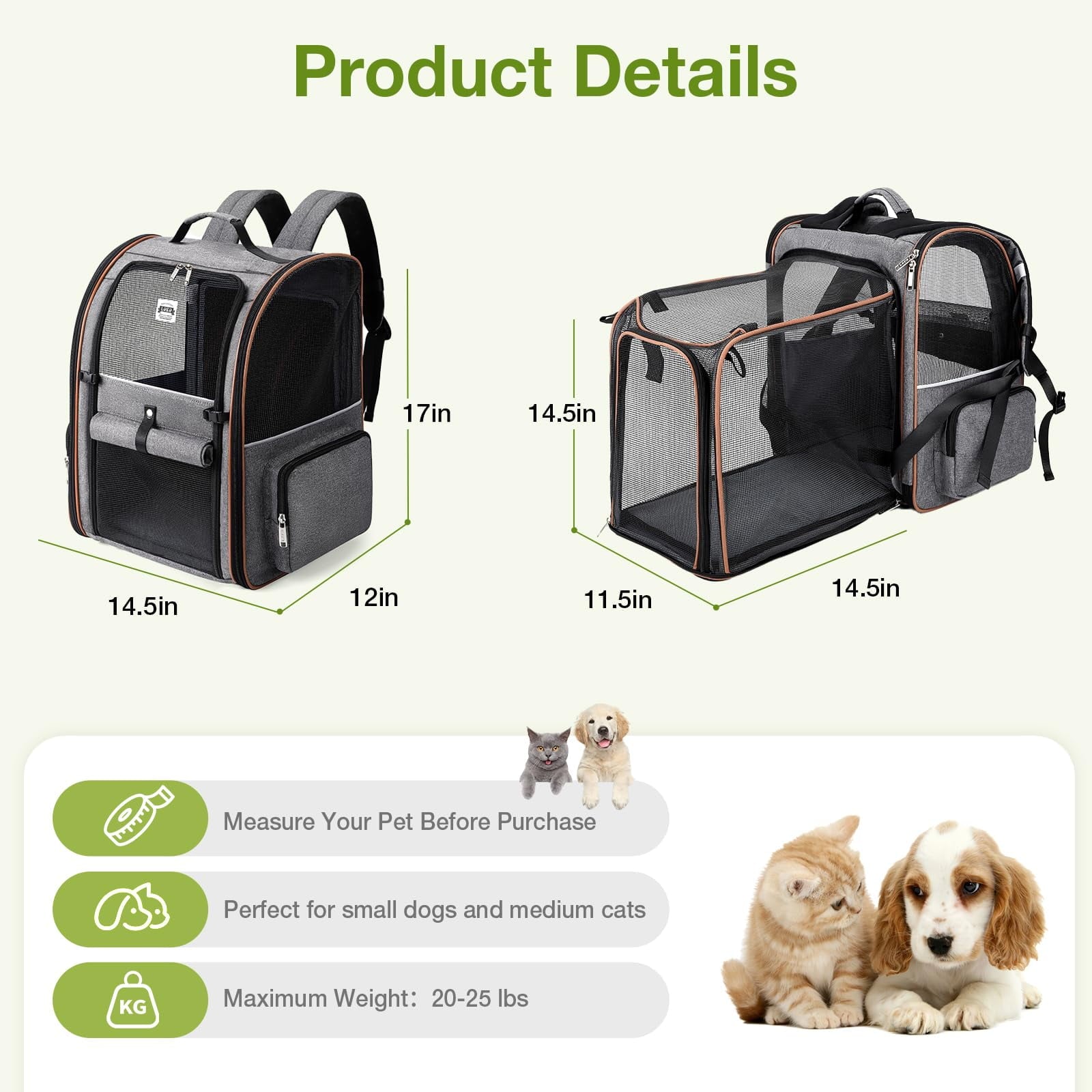 LEKE - Large Cat Backpack Carrier Expandable Pet Carrier Backpack for Small Dogs Medium Cats Fit Up to 18 Lbs, Dog Backpack Carrier, Foldable Puppy Backpack Carrier for Travel, Hiking,Grey