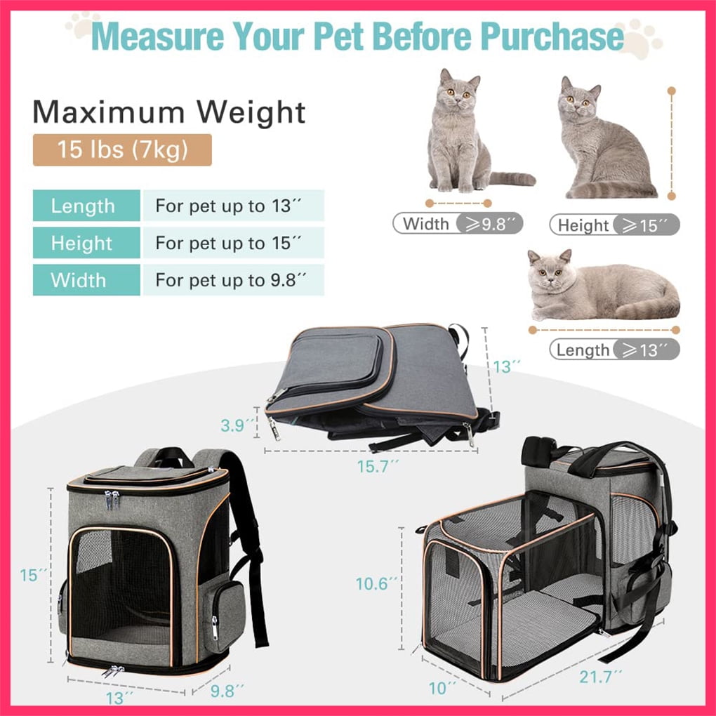 Lekesky - Expandable Cat & Dog Backpack Carrier - Airline Approved, Folds Flat, Holds Pets Up to 15 lbs (Grey)