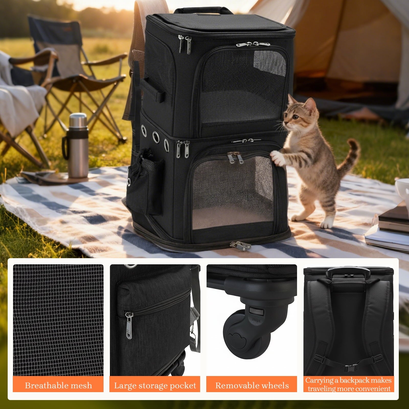 ManyFun Extra Large Double-Compartment Pet Carrier Backpack with Wheels for Small Dogs and Cats, Cat Rolling Carrier for 2 Cats, Perfect for Traveling/Taking a Walk/Trips to The Vet, Black
